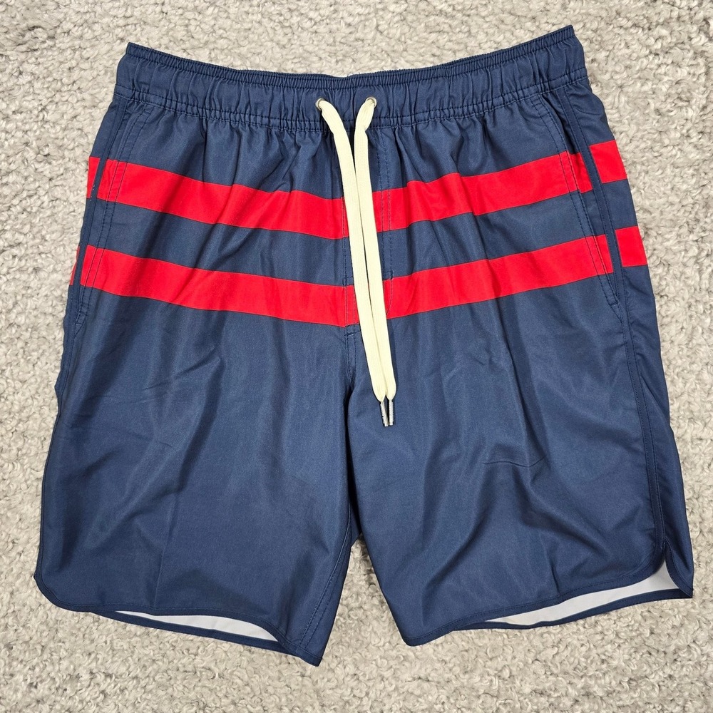 Fair‎ Harbor Swim Trunks Men's Medium Navy Blue Red Striped BreezeKnit Liner 8in